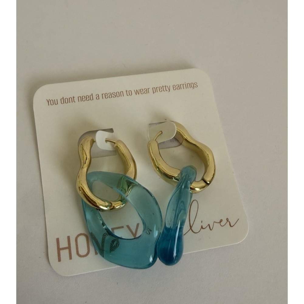 NEW Honey & Oliver Drop Earrings Gold And Aqua Blue Formal Wedding‎ Resortwear